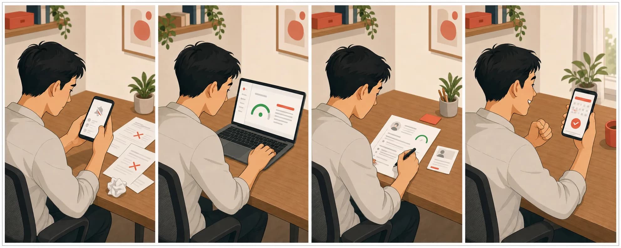 Komik empat panel: pencari kerja yang lamarannya sepi, lalu pakai Hyred untuk benahi CV, sampai akhirnya dapat undangan interview.